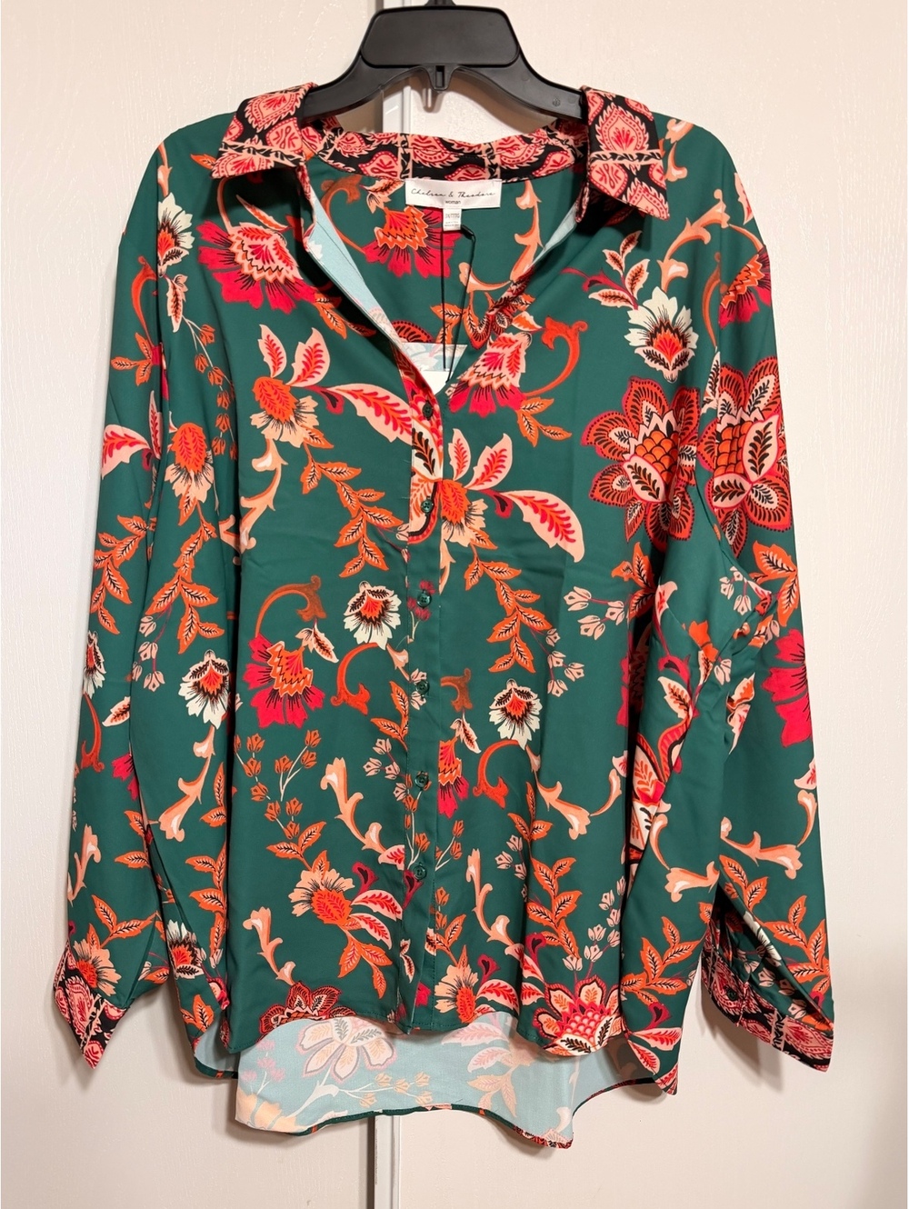 Chelsea & Theodore Women’s 3X Teal Floral Button Down Blouse Long Sleeve NWT